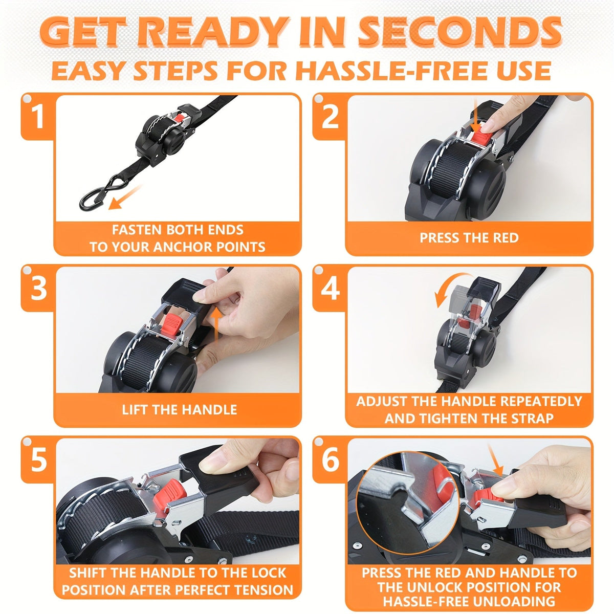 Correas de amarre de trinquete retráctiles de 4 piezas – Correas de carga autorretráctiles de servicio pesado de 10 pies para camiones, remolques y motocicletas
