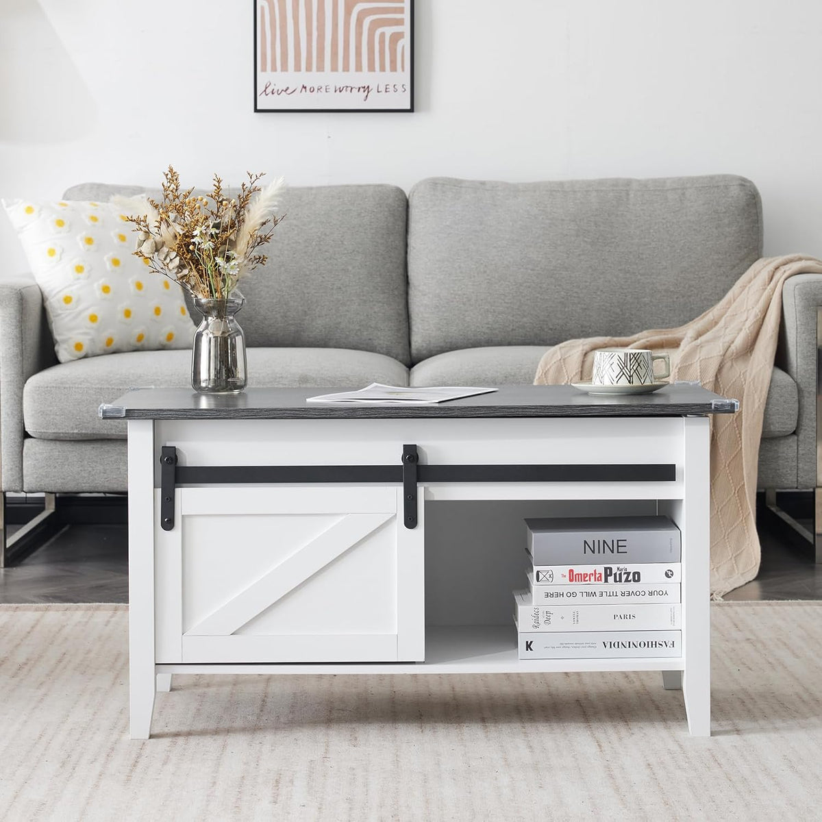 Lift Top Coffee Table 36" Farmhouse Rustic Wood Hidden Storage & Sliding Barn