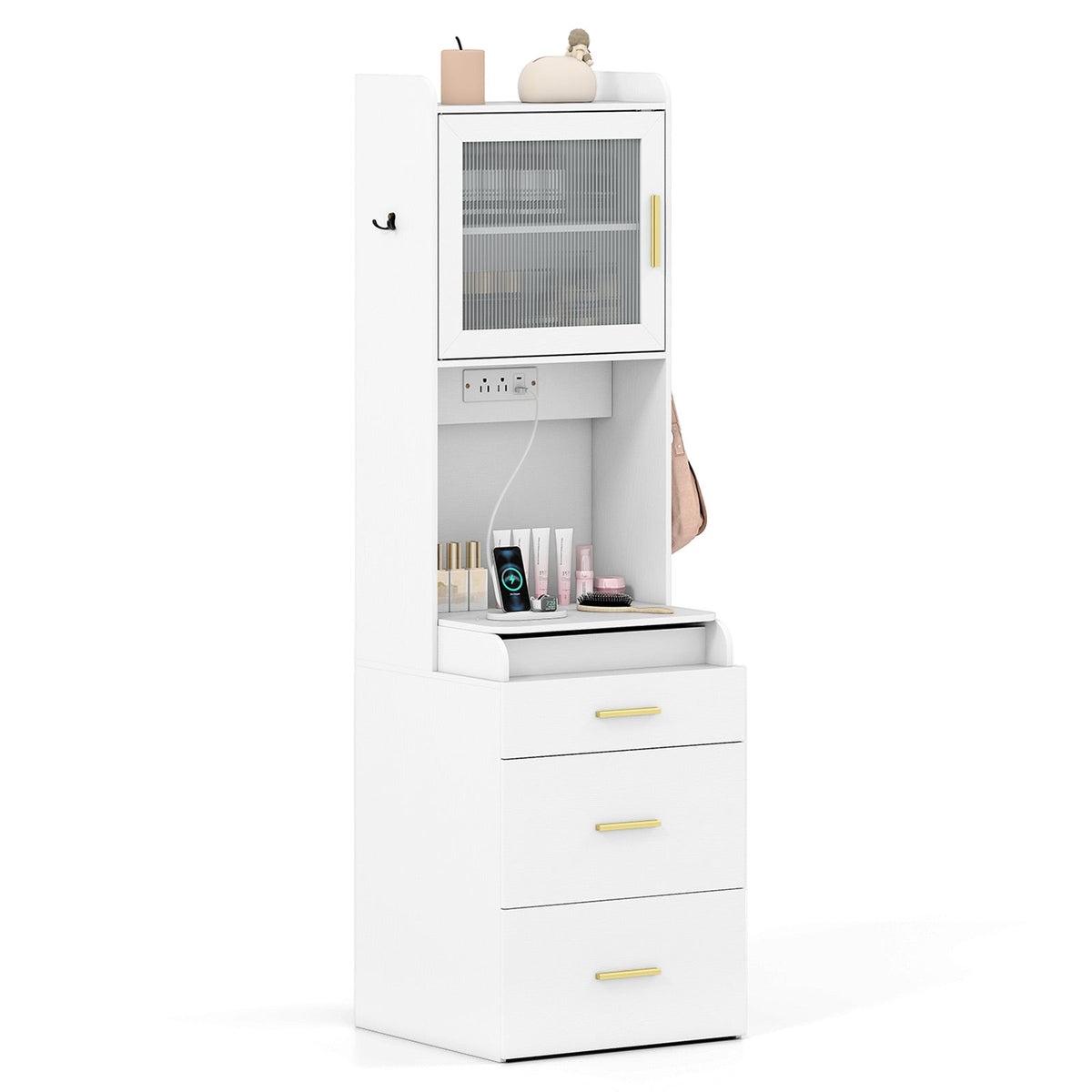 Makeup Vanity with Power Outlets and Flip-top Mirror and Storage Stool-White