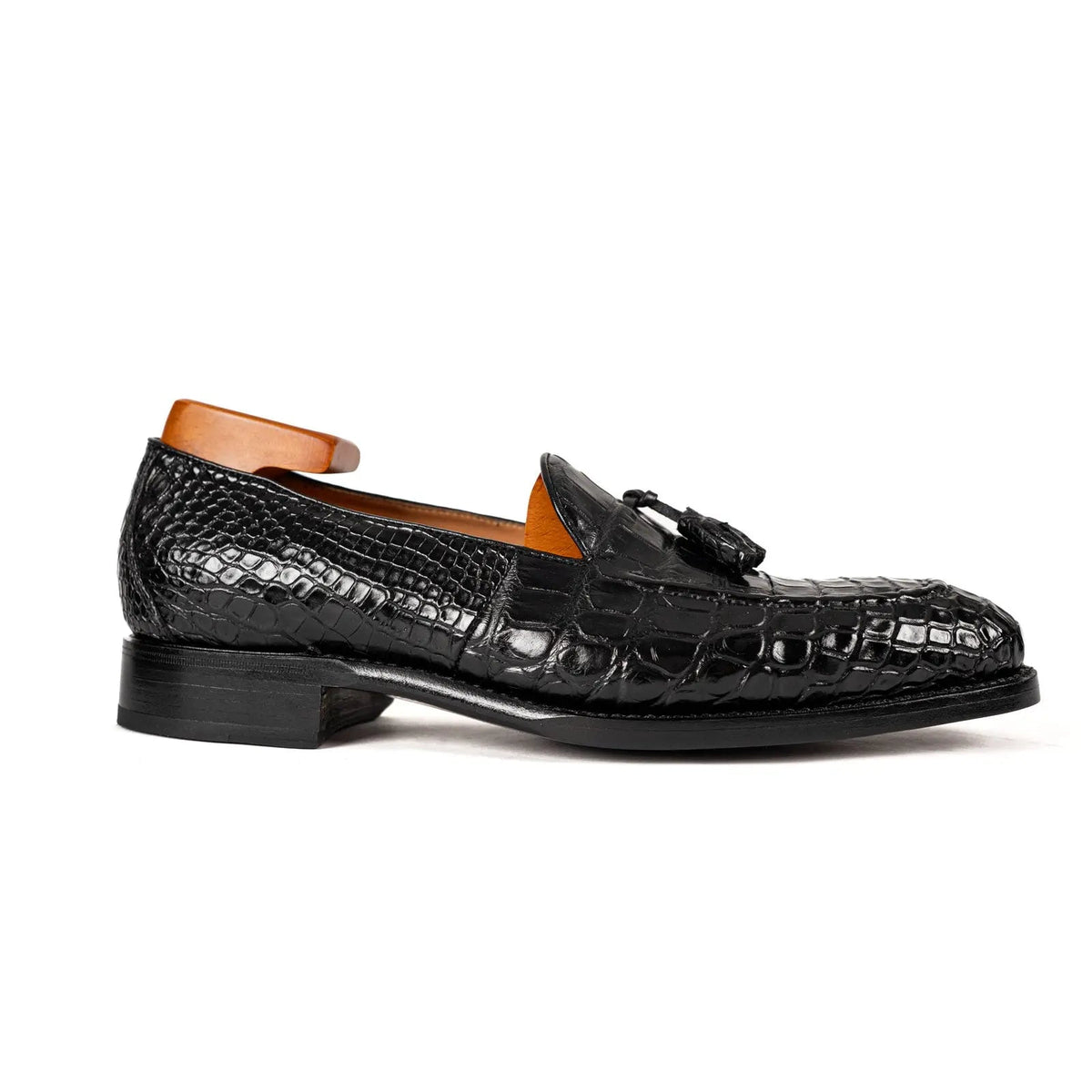 Black Apron-Toe Crocodile Leather Tassel Loafers