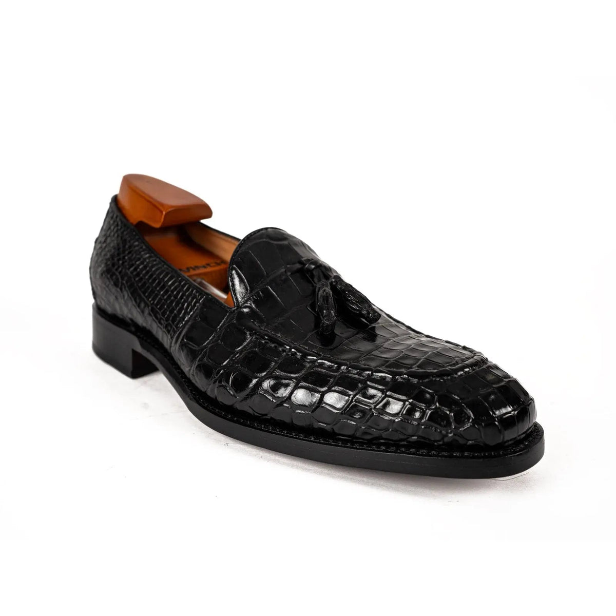 Black Apron-Toe Crocodile Leather Tassel Loafers