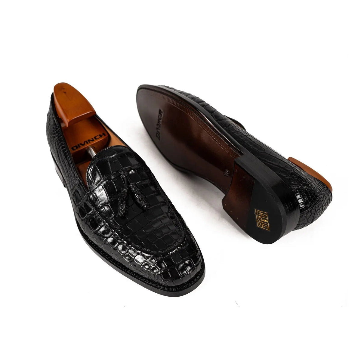 Black Apron-Toe Crocodile Leather Tassel Loafers