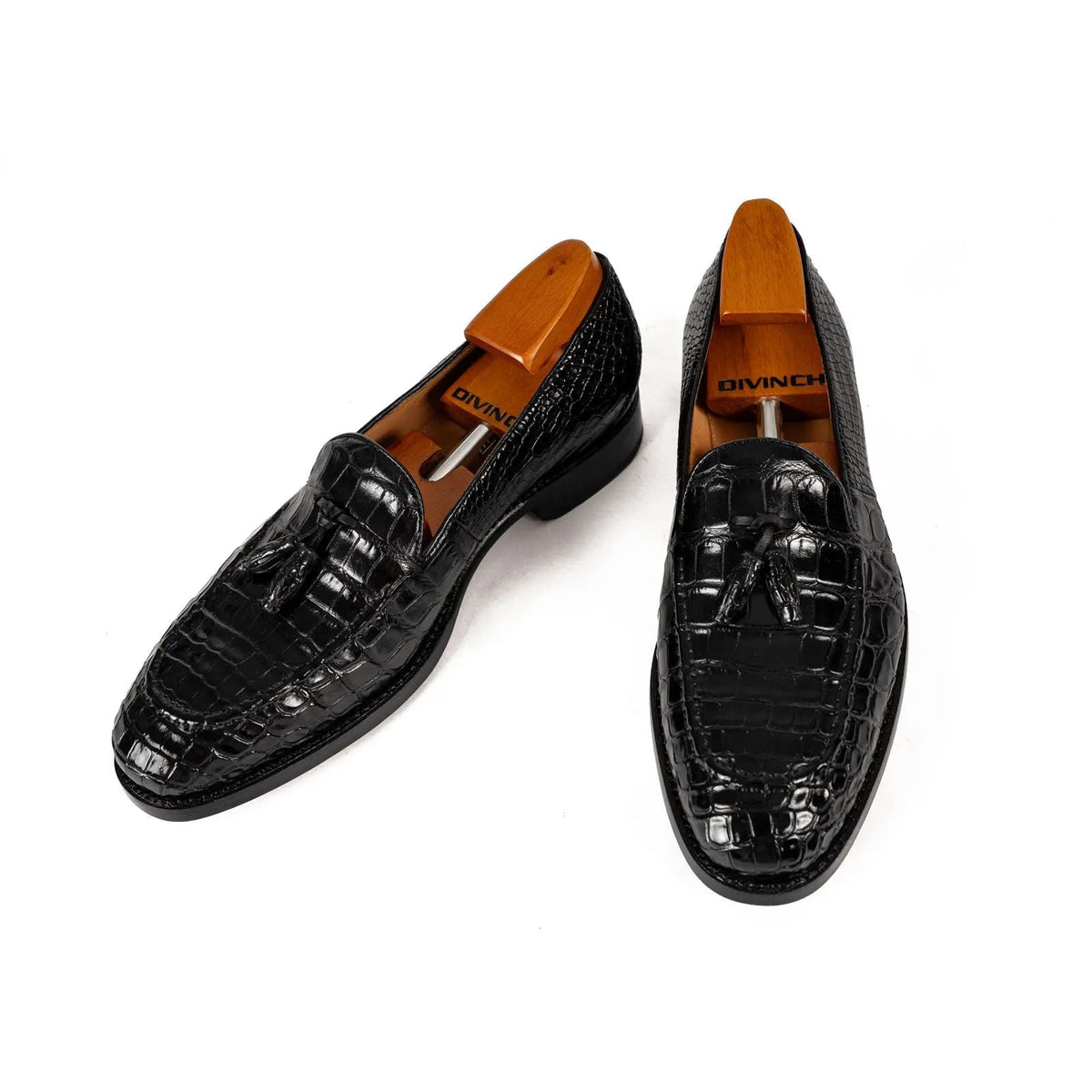 Black Apron-Toe Crocodile Leather Tassel Loafers