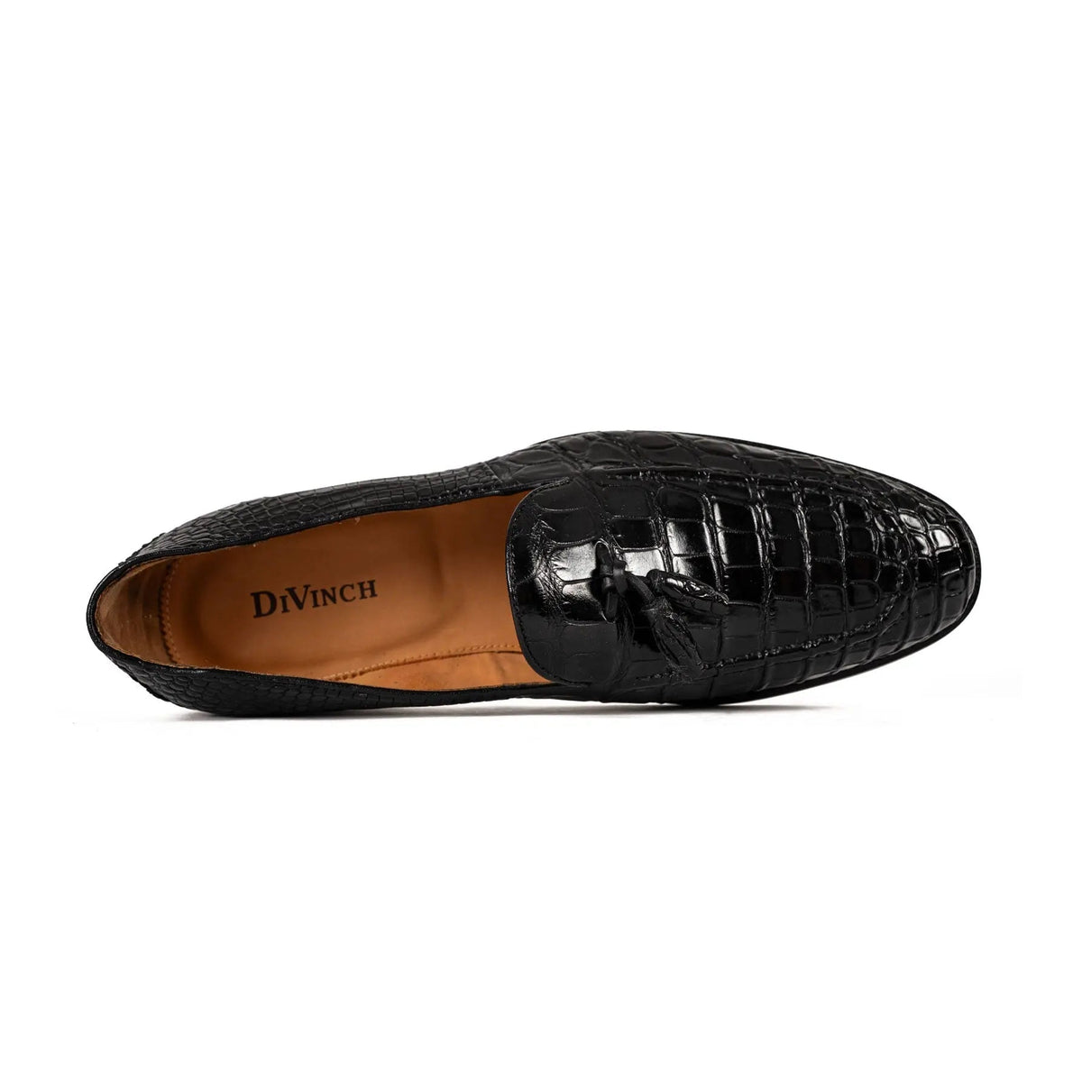 Black Apron-Toe Crocodile Leather Tassel Loafers