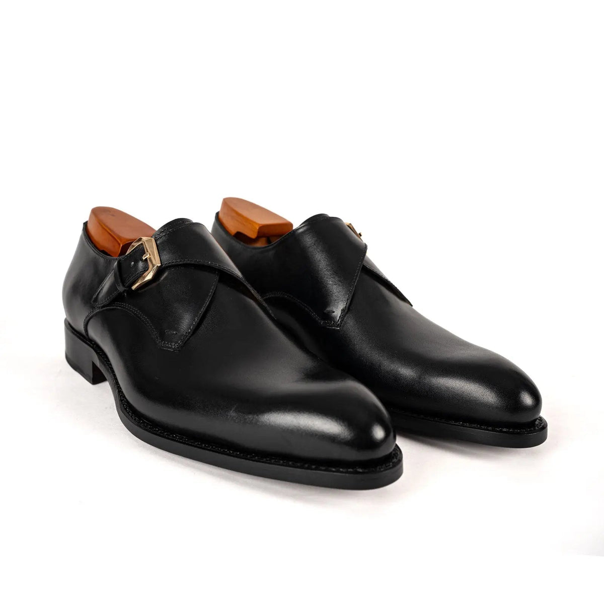 Black Plain-Toe Cow Leather Monk Shoes