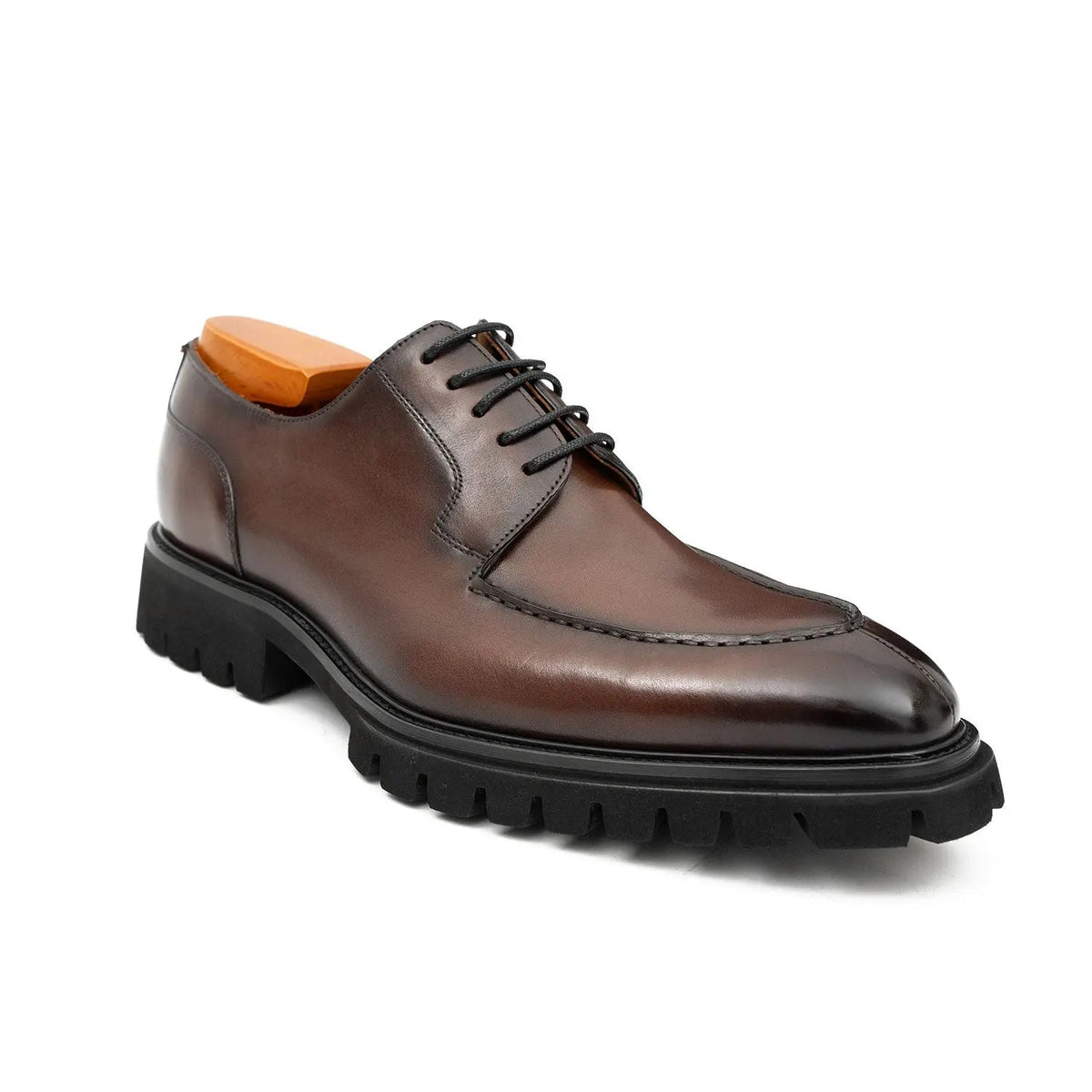 Brown Calf Leather Apron-Toe Derby Shoes