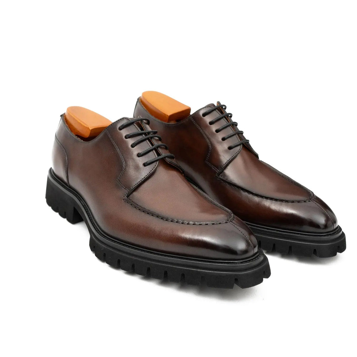 Brown Calf Leather Apron-Toe Derby Shoes