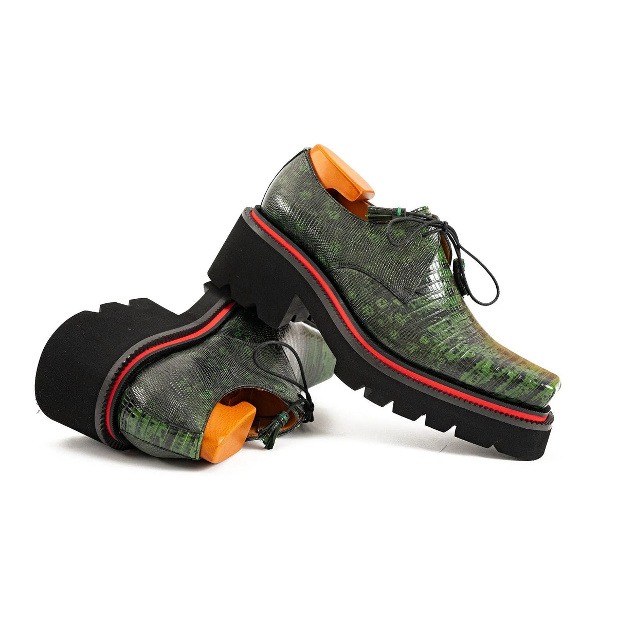 Green Lizard-Embossed Cow Leather Derby Shoes
