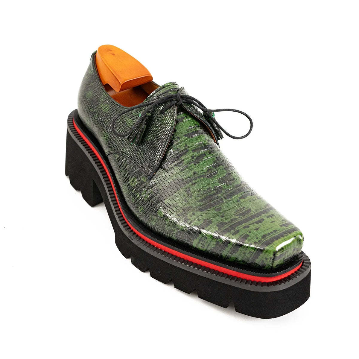 Green Lizard-Embossed Cow Leather Derby Shoes