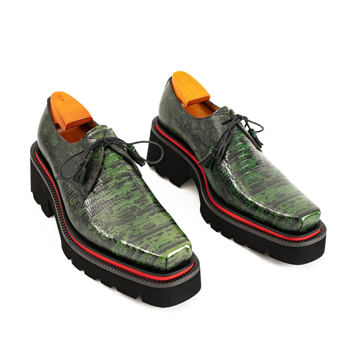 Green Lizard-Embossed Cow Leather Derby Shoes