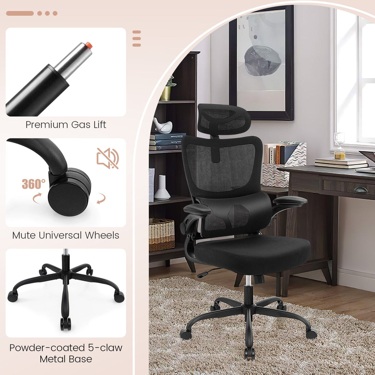 Mesh Office Chair with Adaptive Lumbar Support Flip-up Armrests Reclining Backrest-Black
