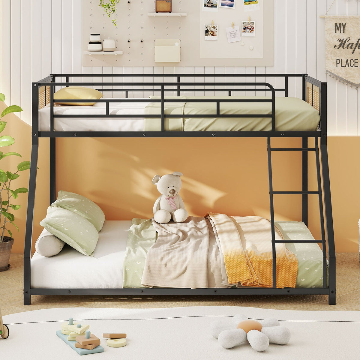 Metal Bunk Bed Twin Over Full with Full Length Safety Guardrail and Ramp Ladder