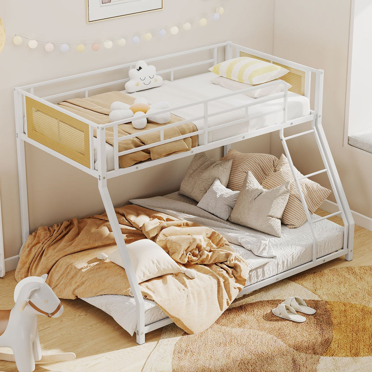Metal Bunk Bed Twin Over Full with Full Length Safety Guardrail and Ramp Ladder