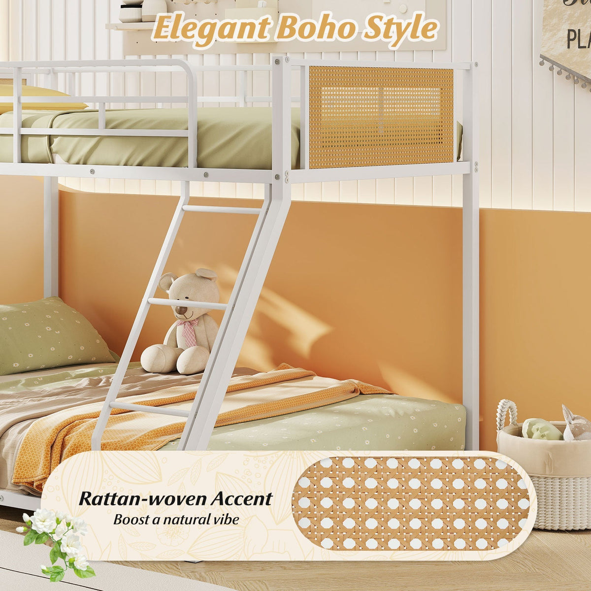 Metal Bunk Bed Twin Over Full with Full Length Safety Guardrail and Ramp Ladder