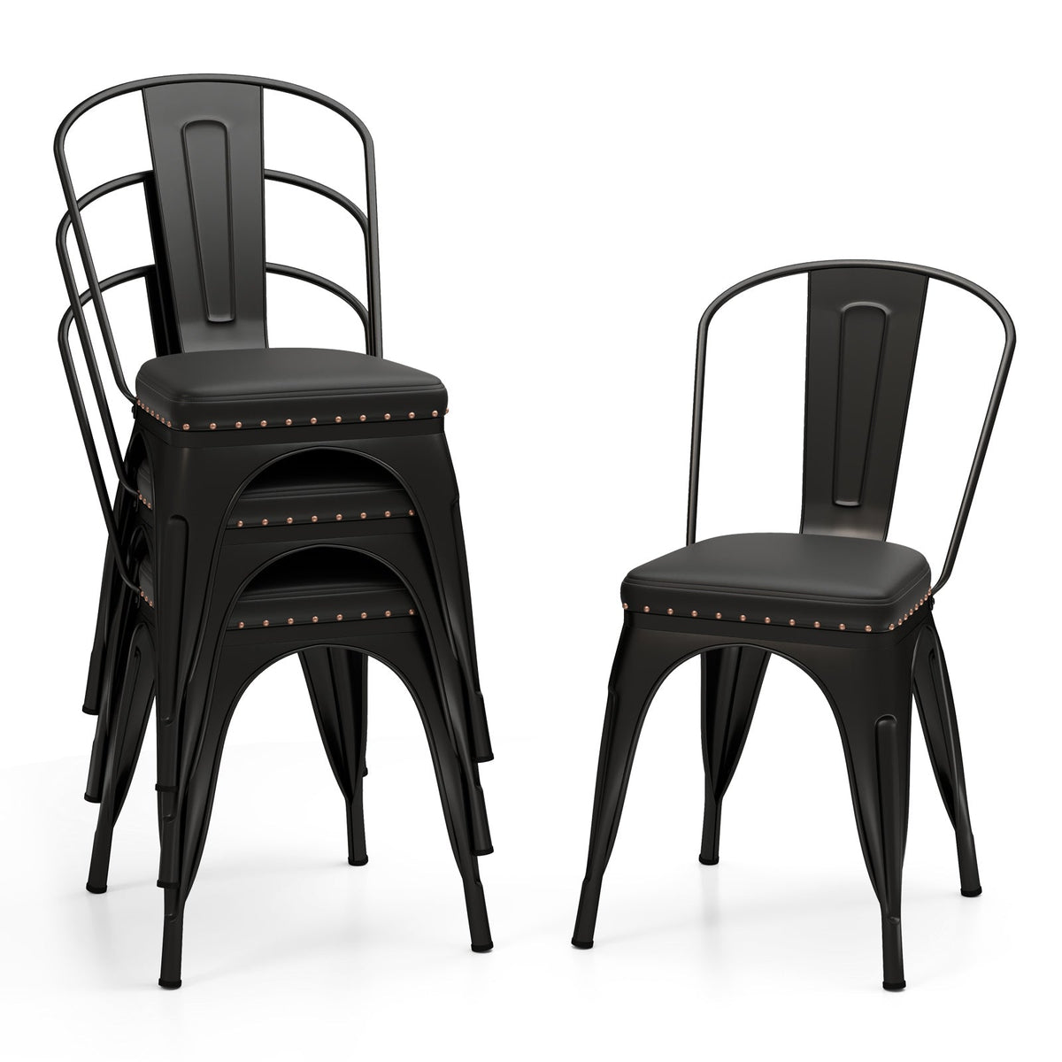 Metal Dining Chair Set of 4 Stackable Kitchen Chairs with Removable Backs and PU Leather Cushioned Seat-Black