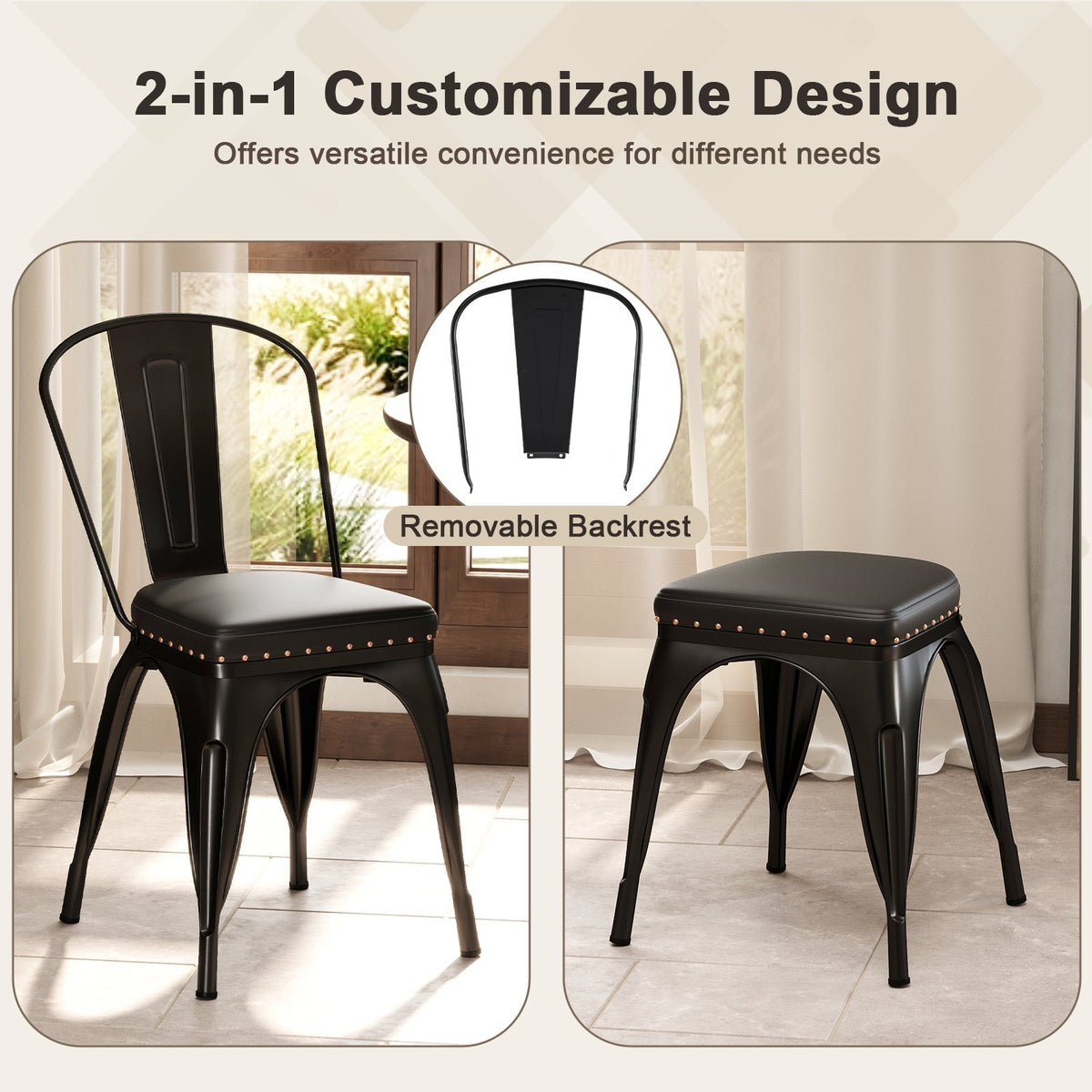 Metal Dining Chair Set of 4 Stackable Kitchen Chairs with Removable Backs and PU Leather Cushioned Seat-Black