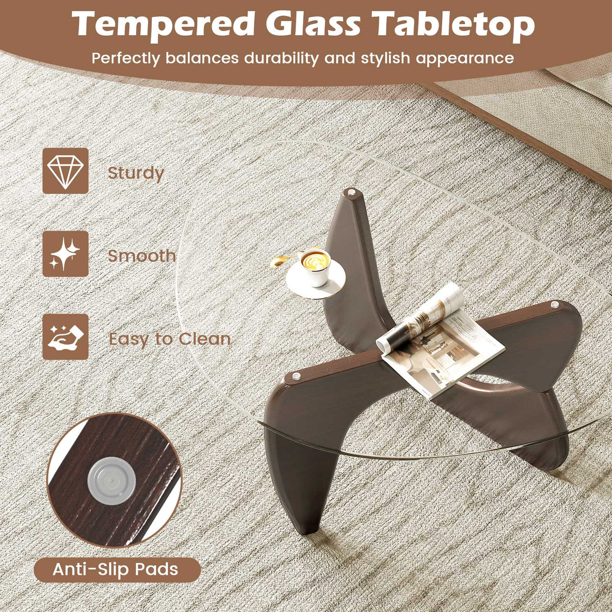 Triangle Coffee Table with Tempered Glass Top and Adjustable Rubber Wood Base