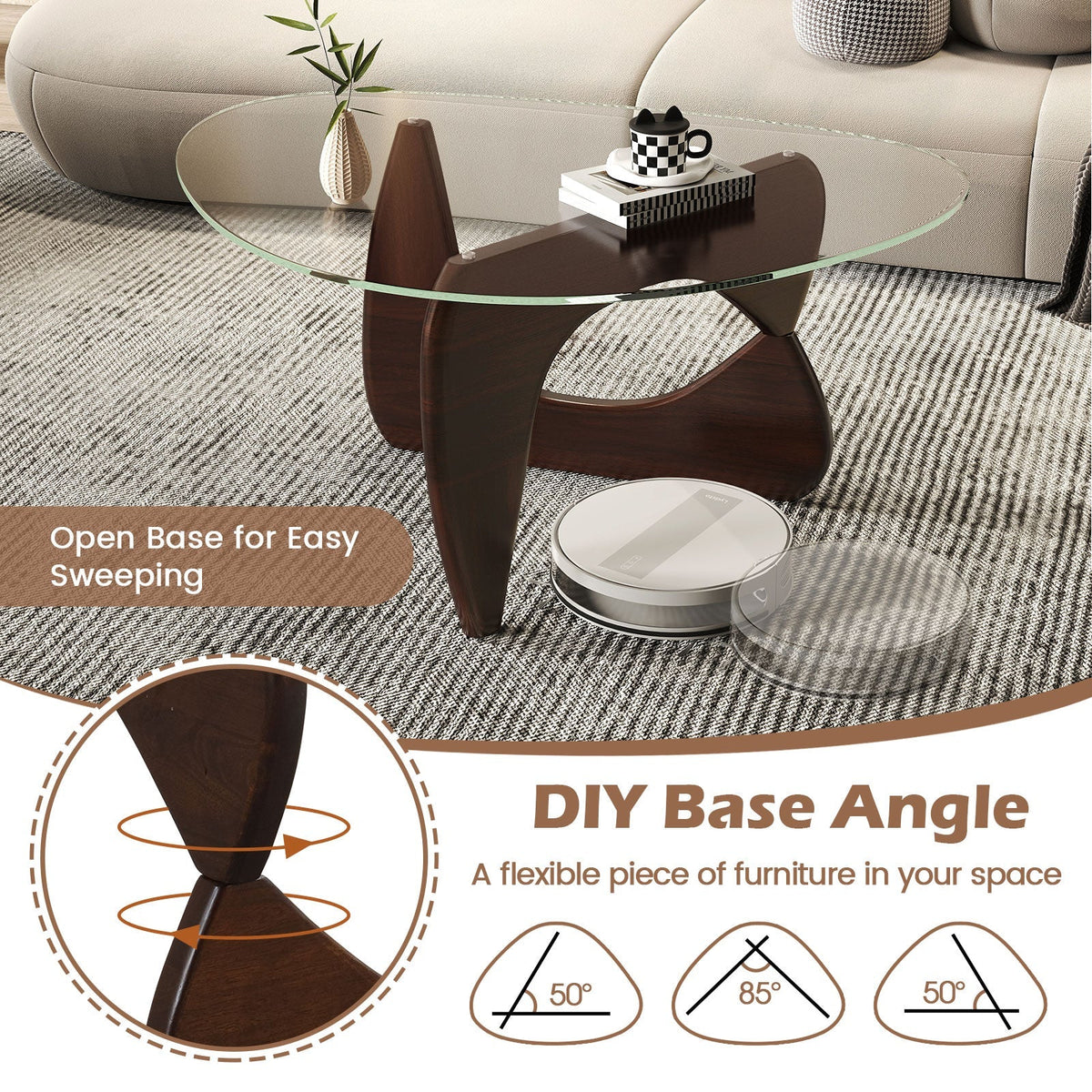 Triangle Coffee Table with Tempered Glass Top and Adjustable Rubber Wood Base
