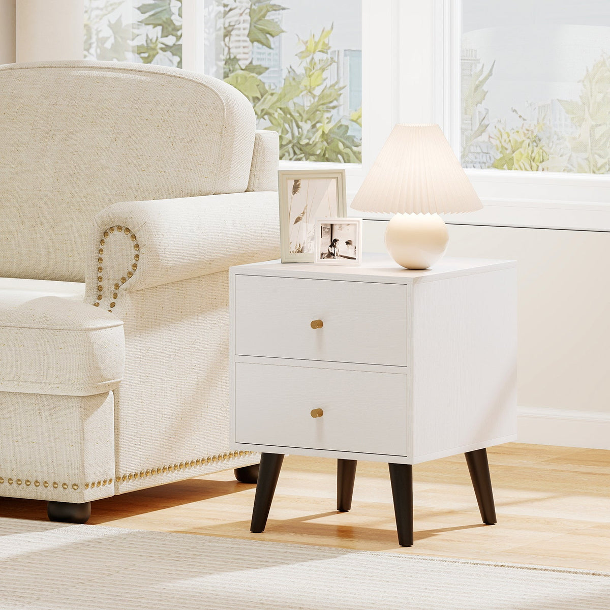 Mid Century Modern Bedside Table Nightstand with Golden Knobs and Raised Support Legs-White