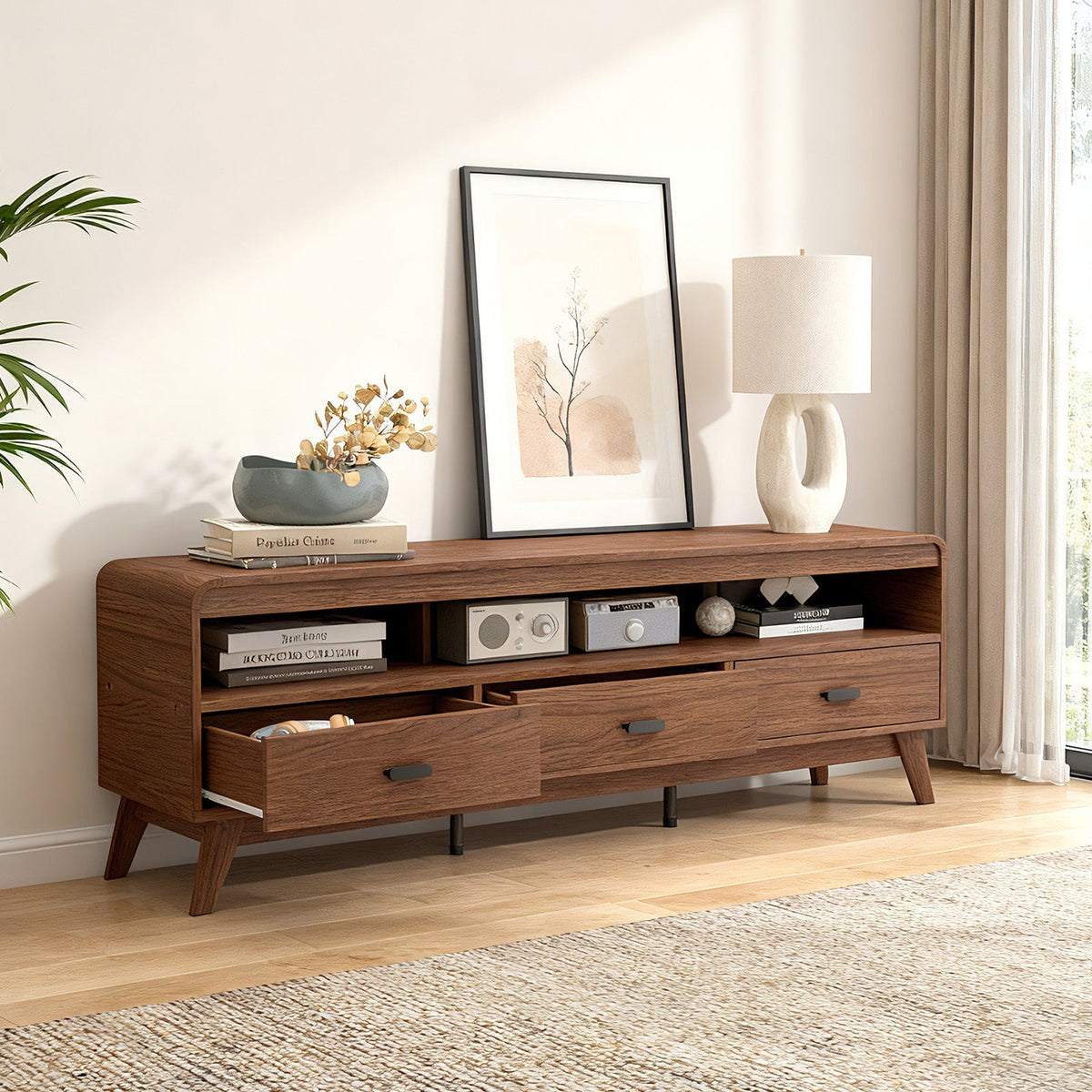 Mid Century Modern TV Stand for TVs up to 70" with 3 Storage Drawers and Open Shelves-Walnut