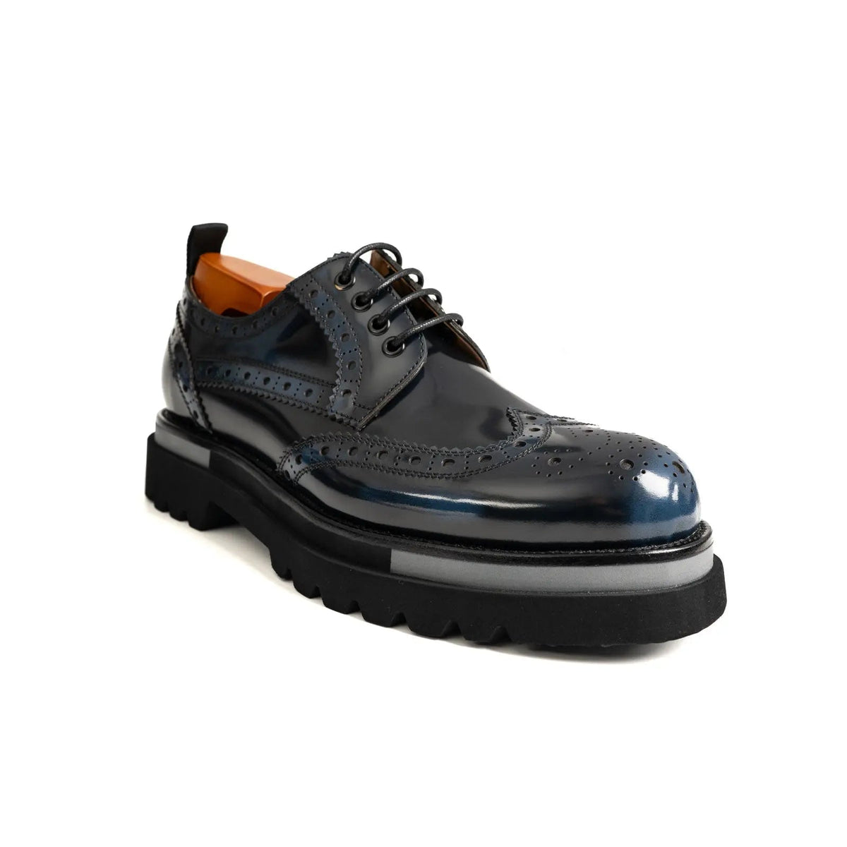 Blue-Black Wingtip Calf Leather Derby Shoes