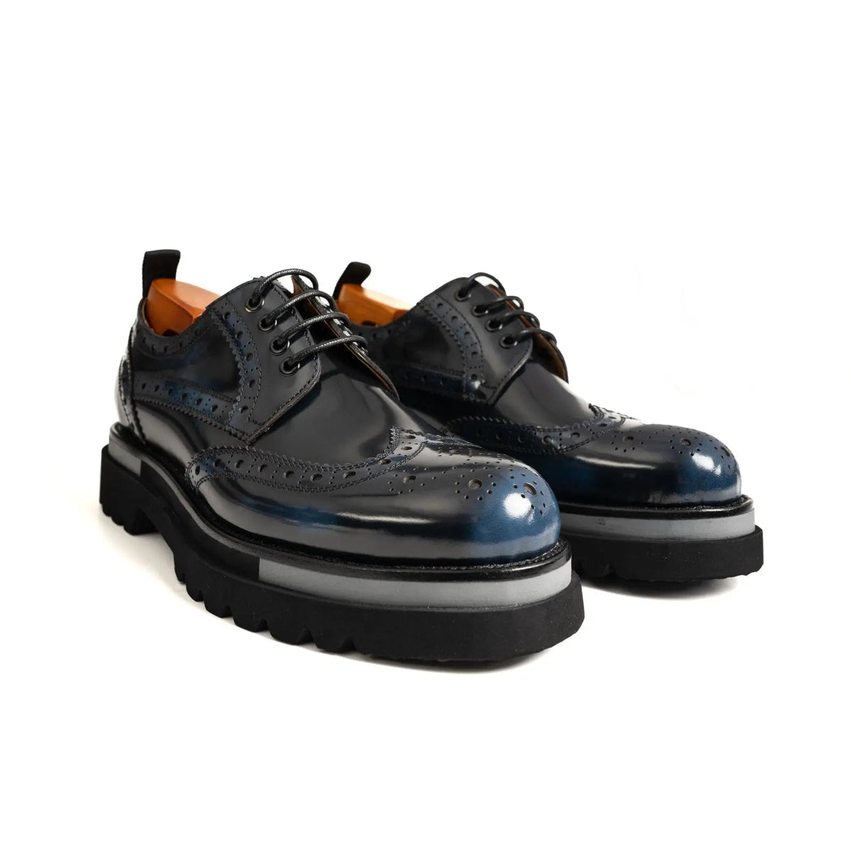 Blue-Black Wingtip Calf Leather Derby Shoes