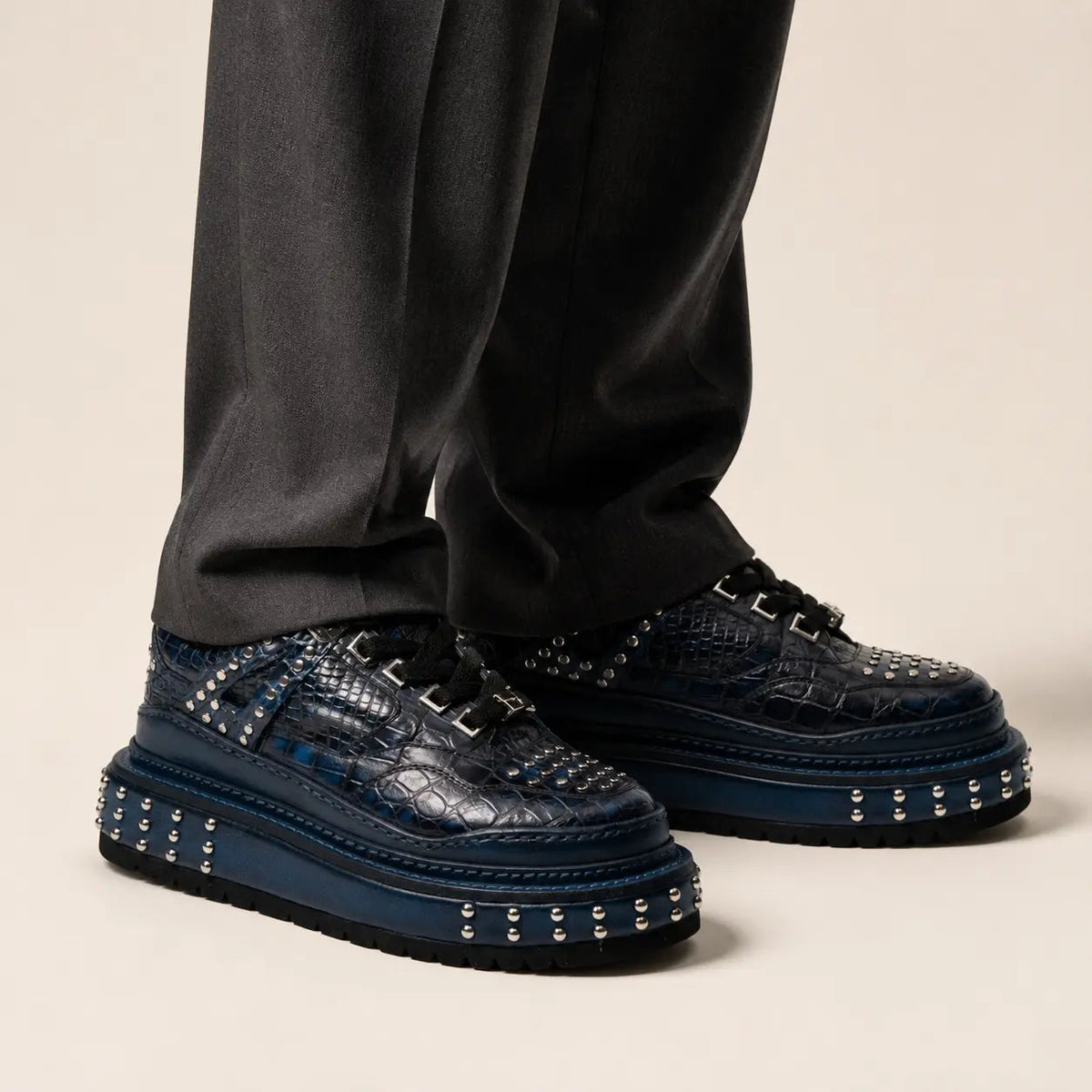 Blue Studded Crocodile Leather Sneakers