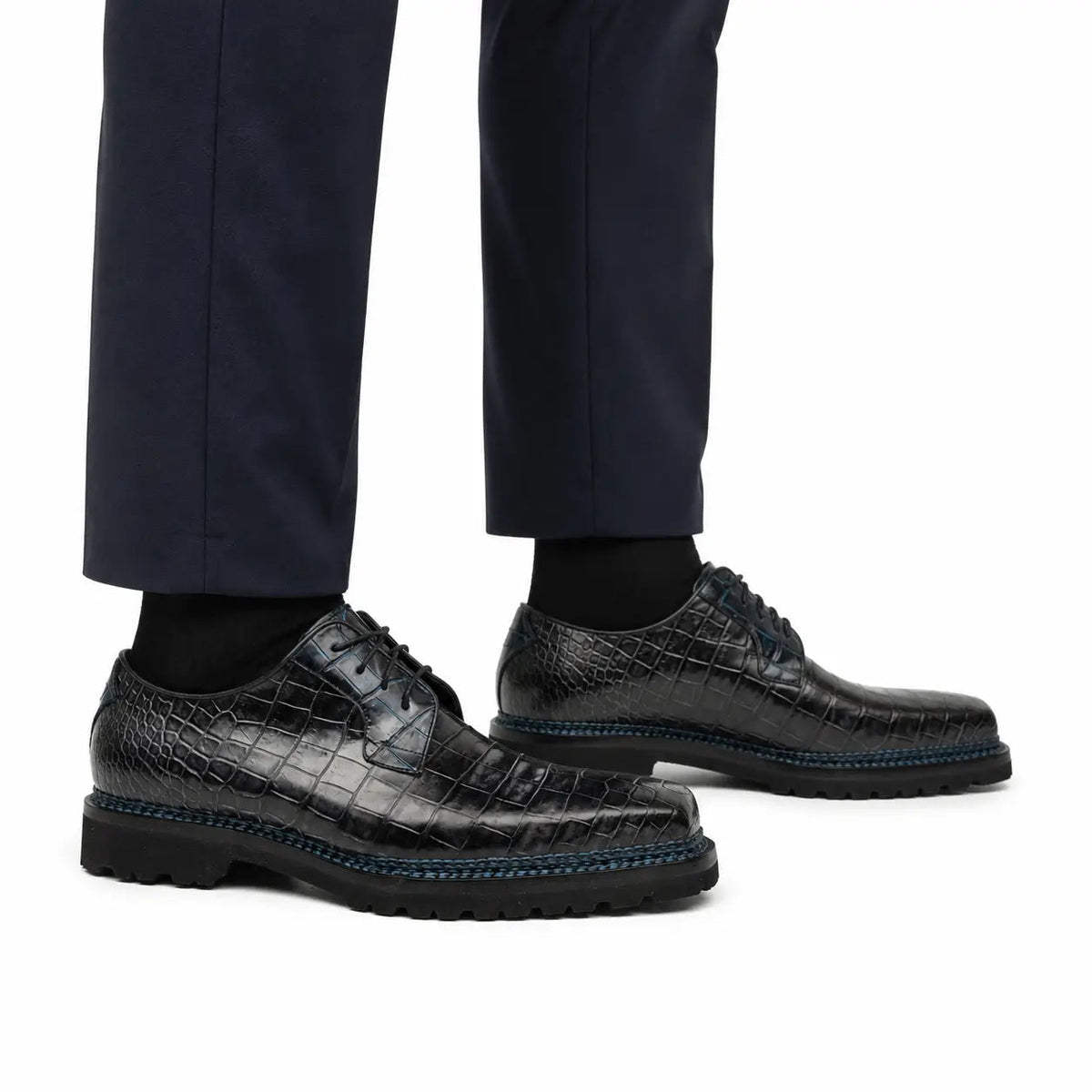 Gray-Black Crocodile Leather Derby Shoes