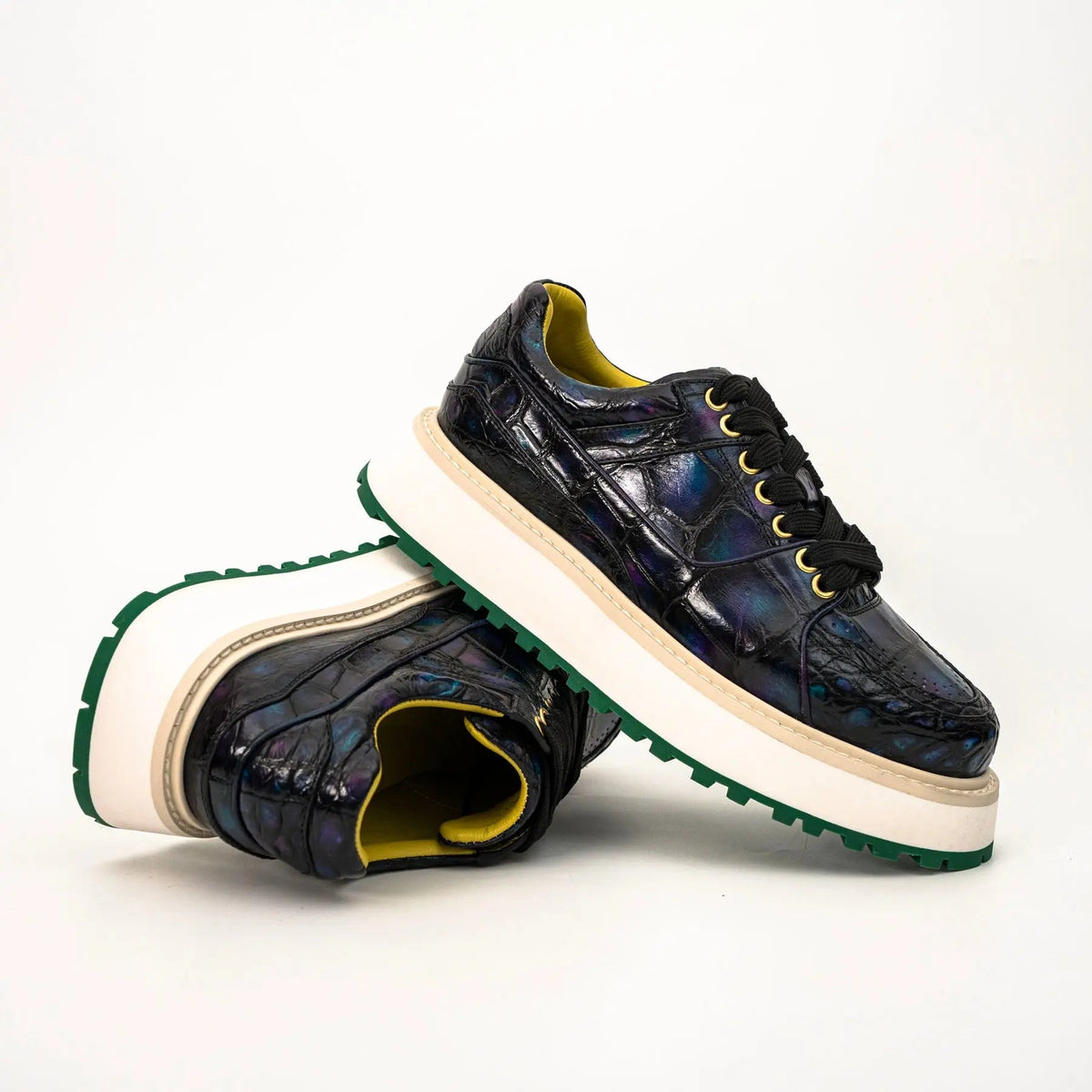 Iridescent Blue-Black Textured Platform Apron-Toe Low-top Sneaker