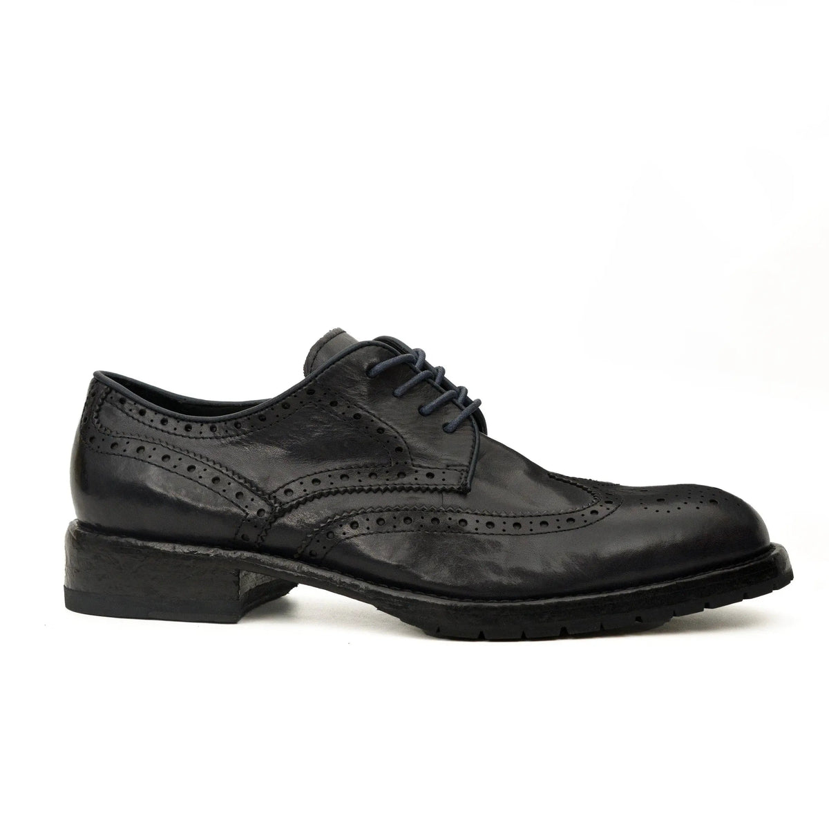 Blue-Black Wingtip Calf Leather Derby Shoes