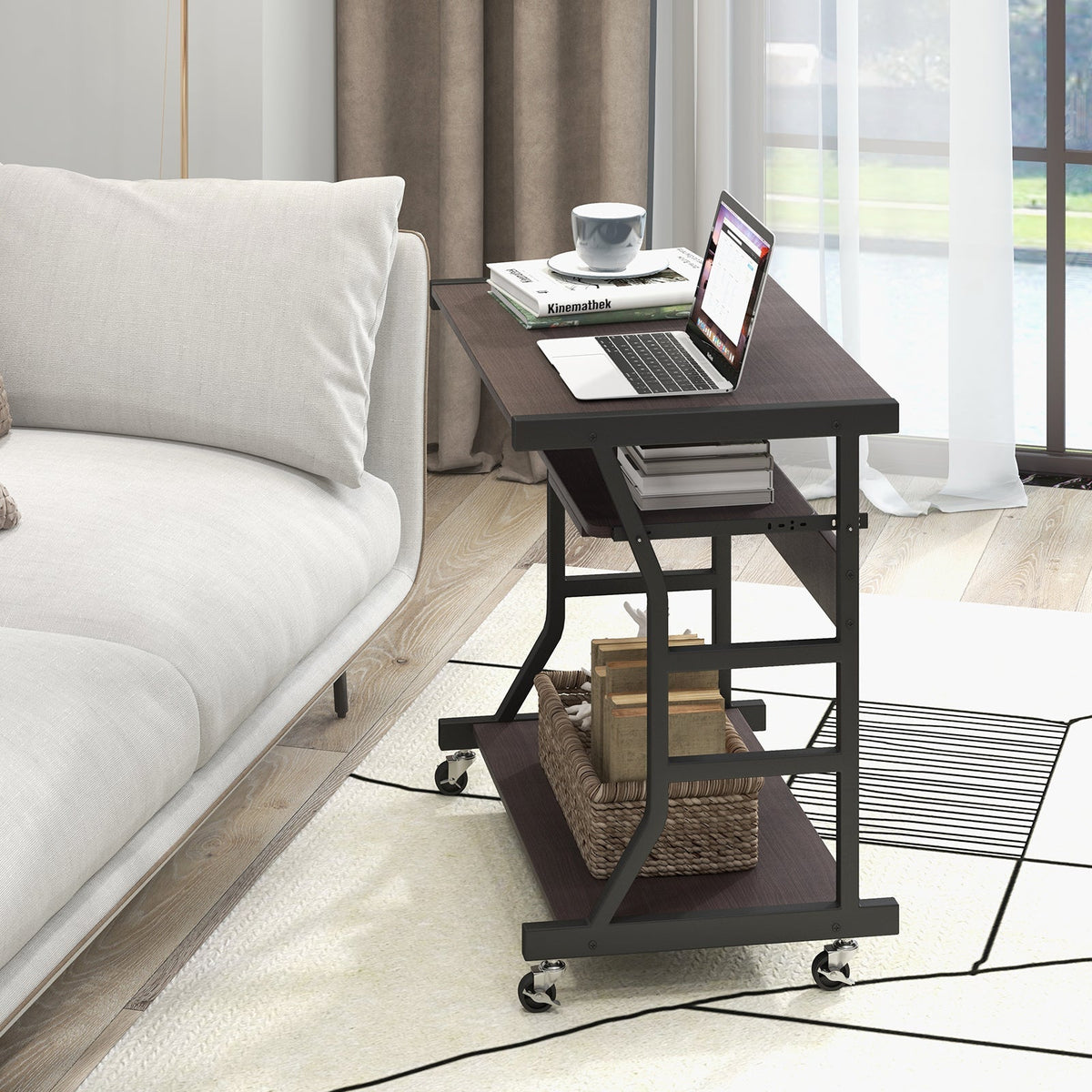 Mobile Computer Desk with Keyboard Tray Mouse Tray and Shelf-Dark Brown