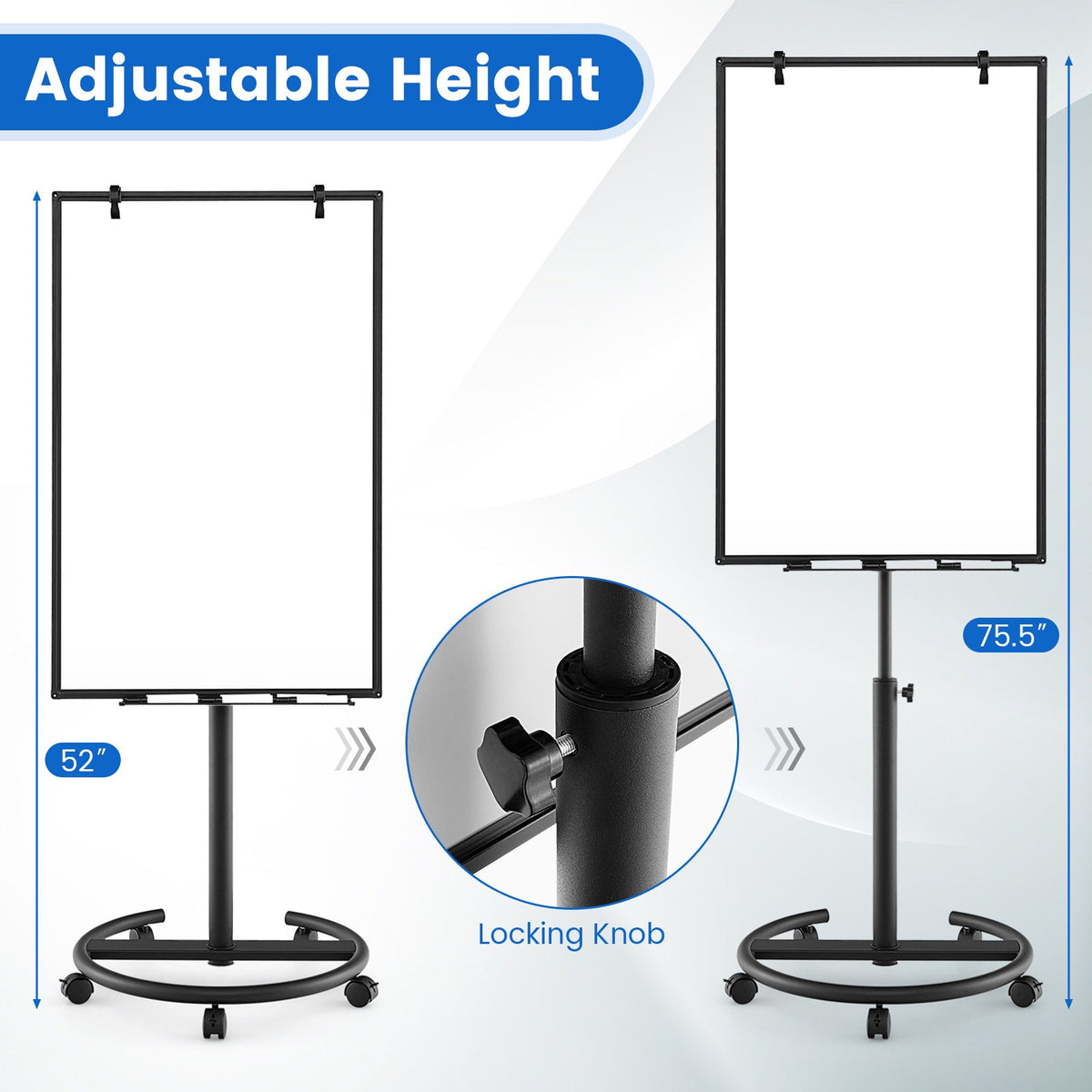 Height-Adjustable Mobile Whiteboard with Round Stand Paper Clips