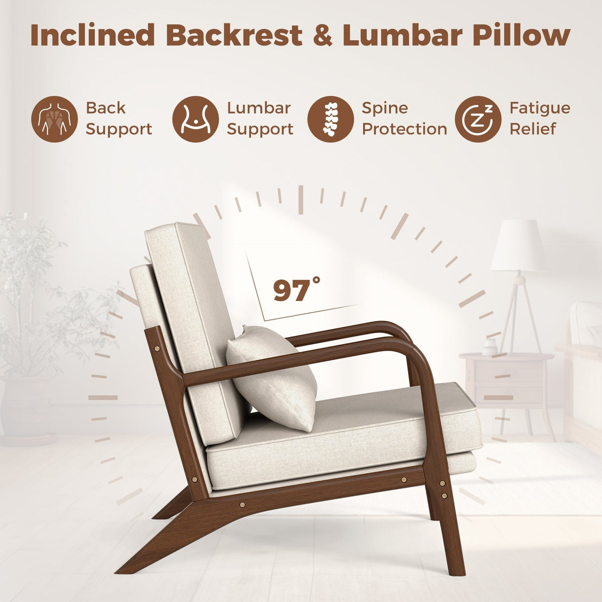 Sillón moderno con reposabrazos de madera de caucho y respaldo extraíble