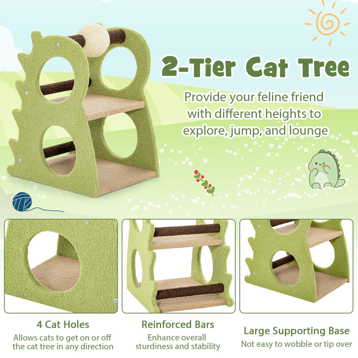 Árbol rascador moderno de 2 niveles para gatos de interior con bola rascadora de sisal giratoria - Verde