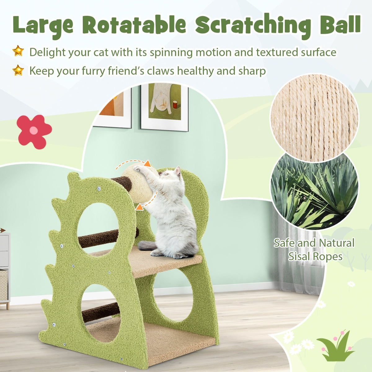 Árbol rascador moderno de 2 niveles para gatos de interior con bola rascadora de sisal giratoria - Verde