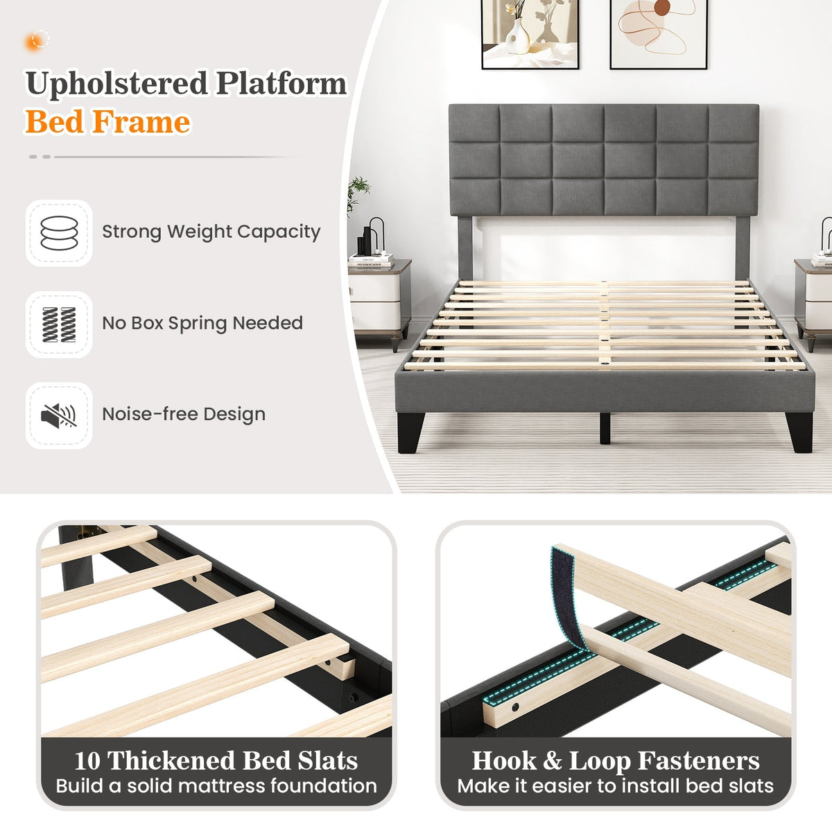 Queen Size Modern Linen Bed Frame with Adjustable Headboard-Gray