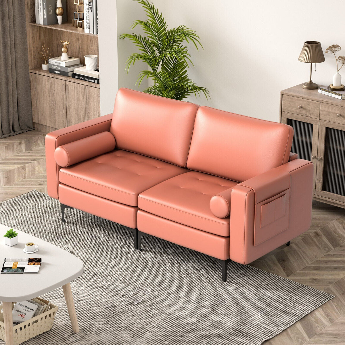 Modern Loveseat Sofa with 2 Bolsters and Side Storage Pocket