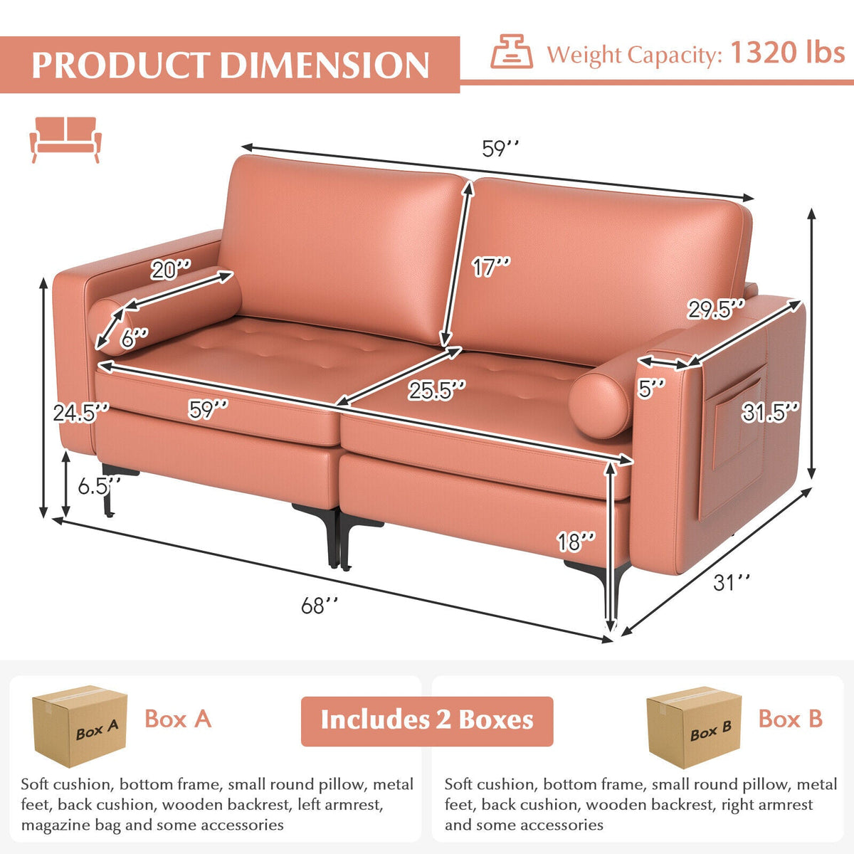 Modern Loveseat Sofa with 2 Bolsters and Side Storage Pocket