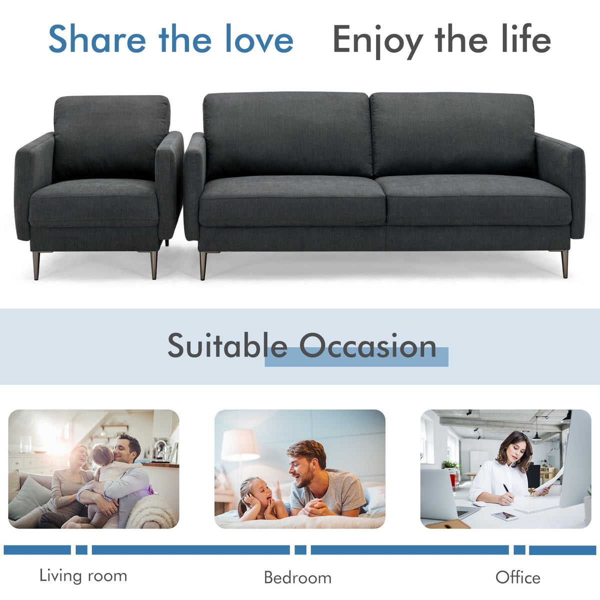 Modern Sofa Couch with Solid Metal Legs and Removable Backrest Cushion-Gray