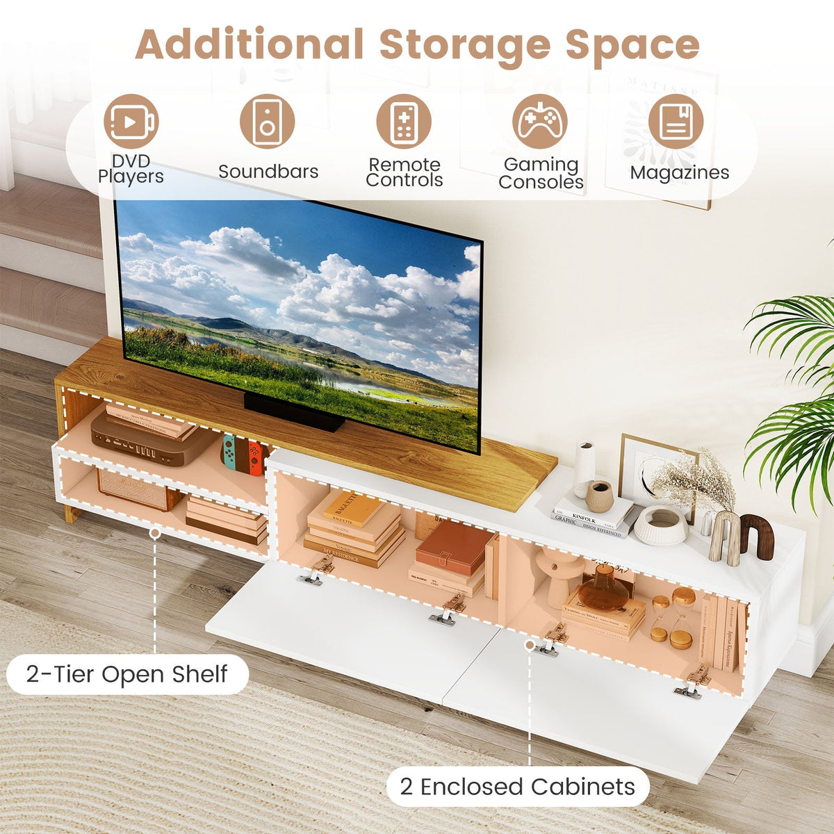 Modern TV Stand for 80 Inches TVs with Storage Shelves and Cabinets-White