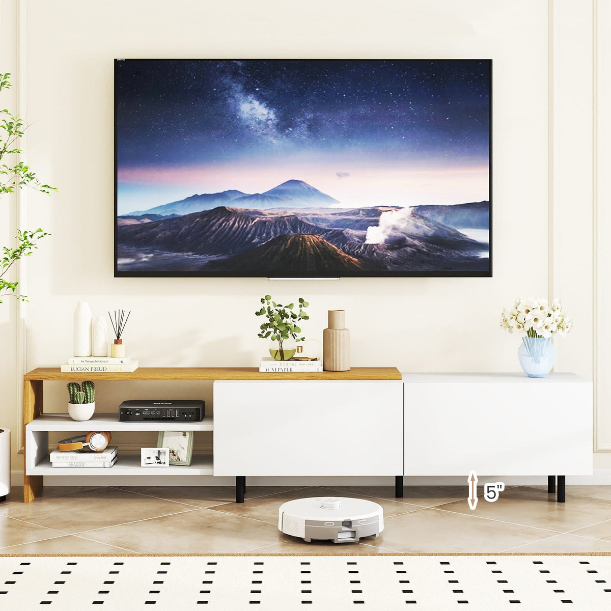 Modern TV Stand for 80 Inches TVs with Storage Shelves and Cabinets-White