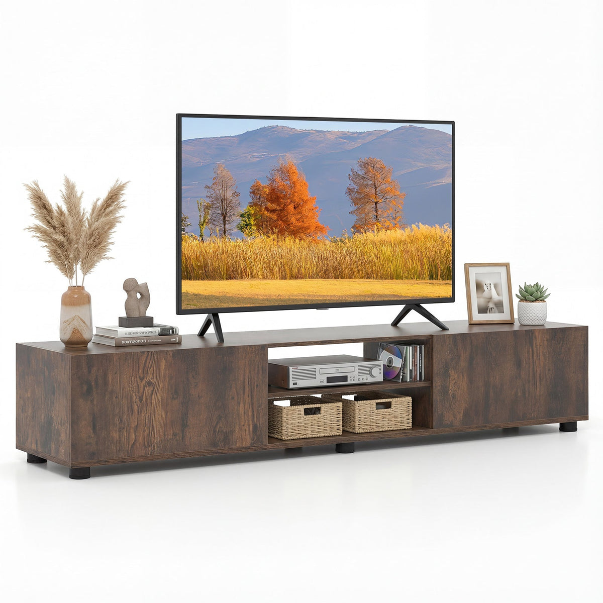 Modern TV Stand for up to 70" TVs Minimalist Entertainment Center with 2 Doors and Open Shelves-Rustic Brown