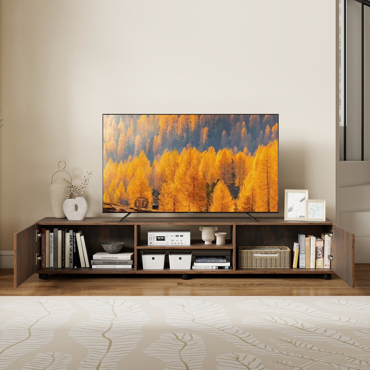 Modern TV Stand for up to 70" TVs Minimalist Entertainment Center with 2 Doors and Open Shelves-Rustic Brown