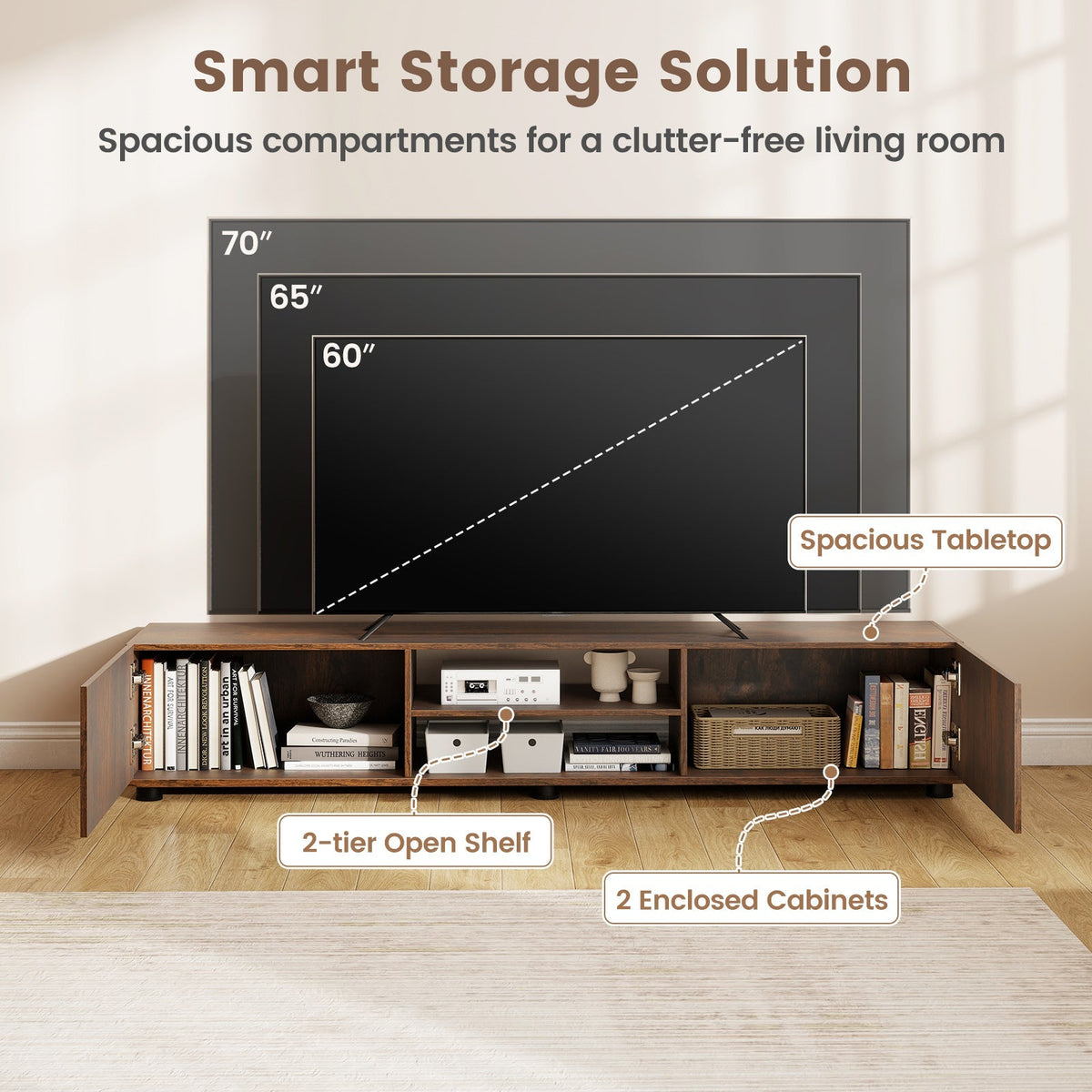 Modern TV Stand for up to 70" TVs Minimalist Entertainment Center with 2 Doors and Open Shelves-Rustic Brown