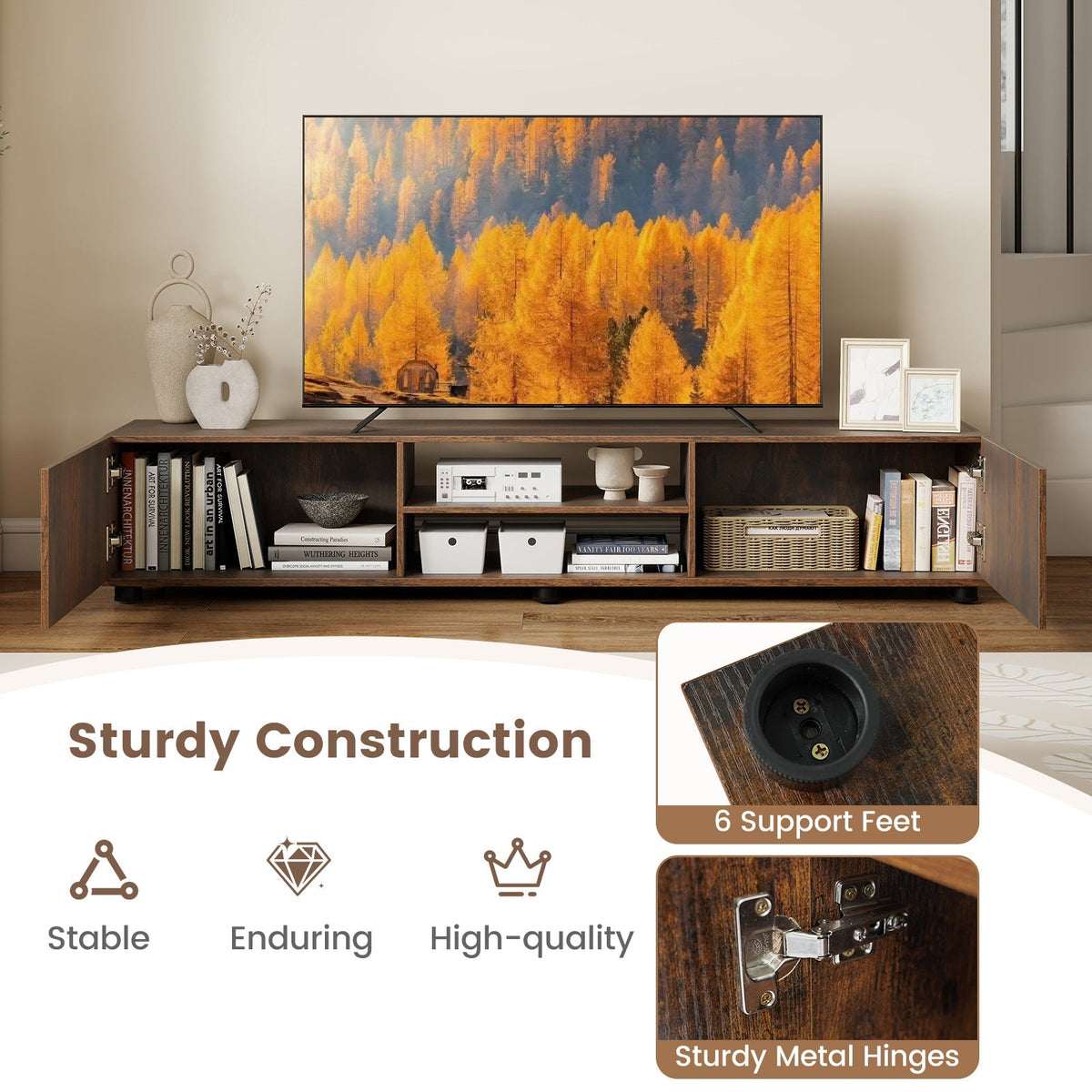 Modern TV Stand for up to 70" TVs Minimalist Entertainment Center with 2 Doors and Open Shelves-Rustic Brown