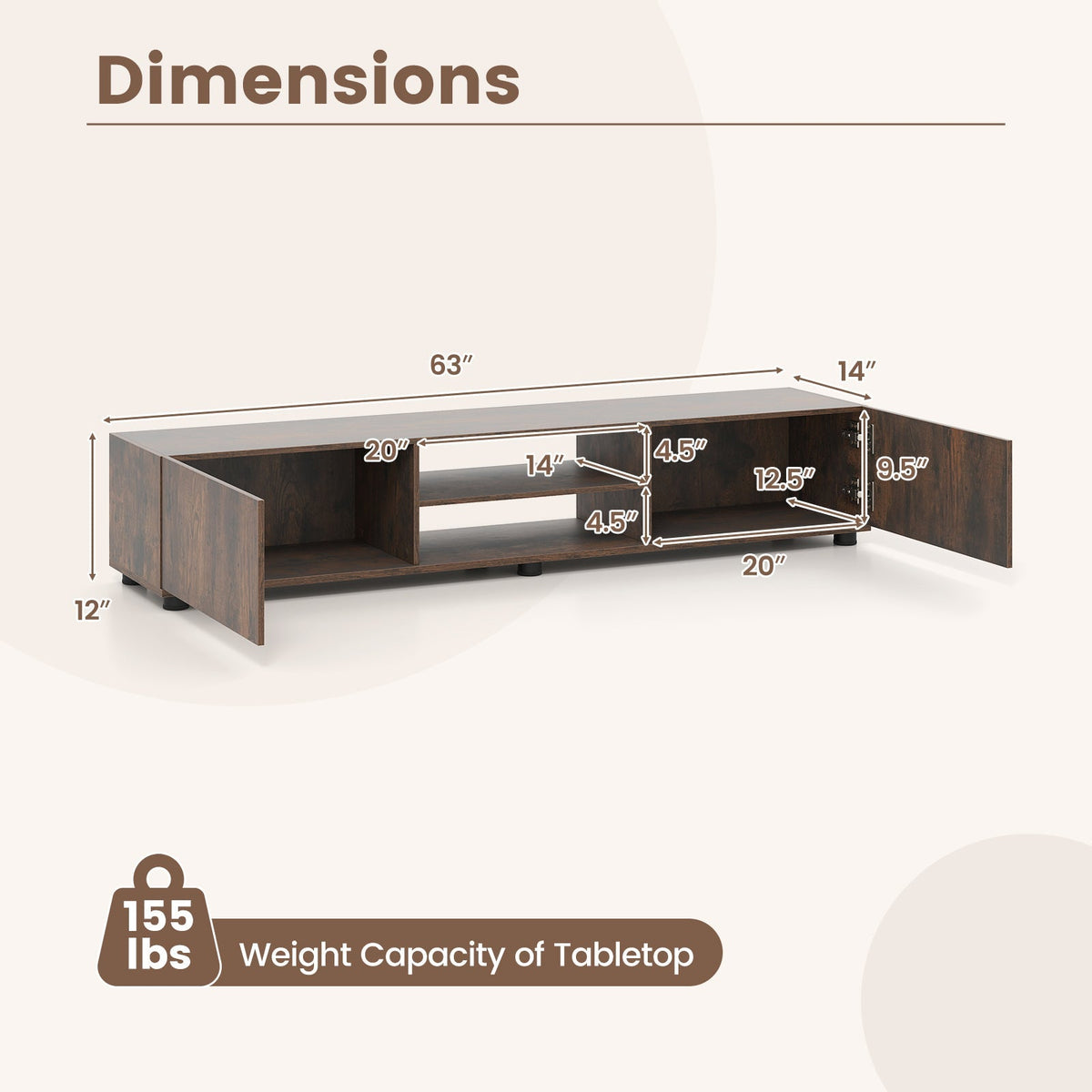 Modern TV Stand for up to 70" TVs Minimalist Entertainment Center with 2 Doors and Open Shelves-Rustic Brown