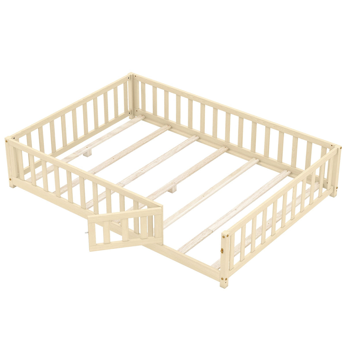 Montessori Bed Frame with Full-length Guardrails Safety Door and Latch