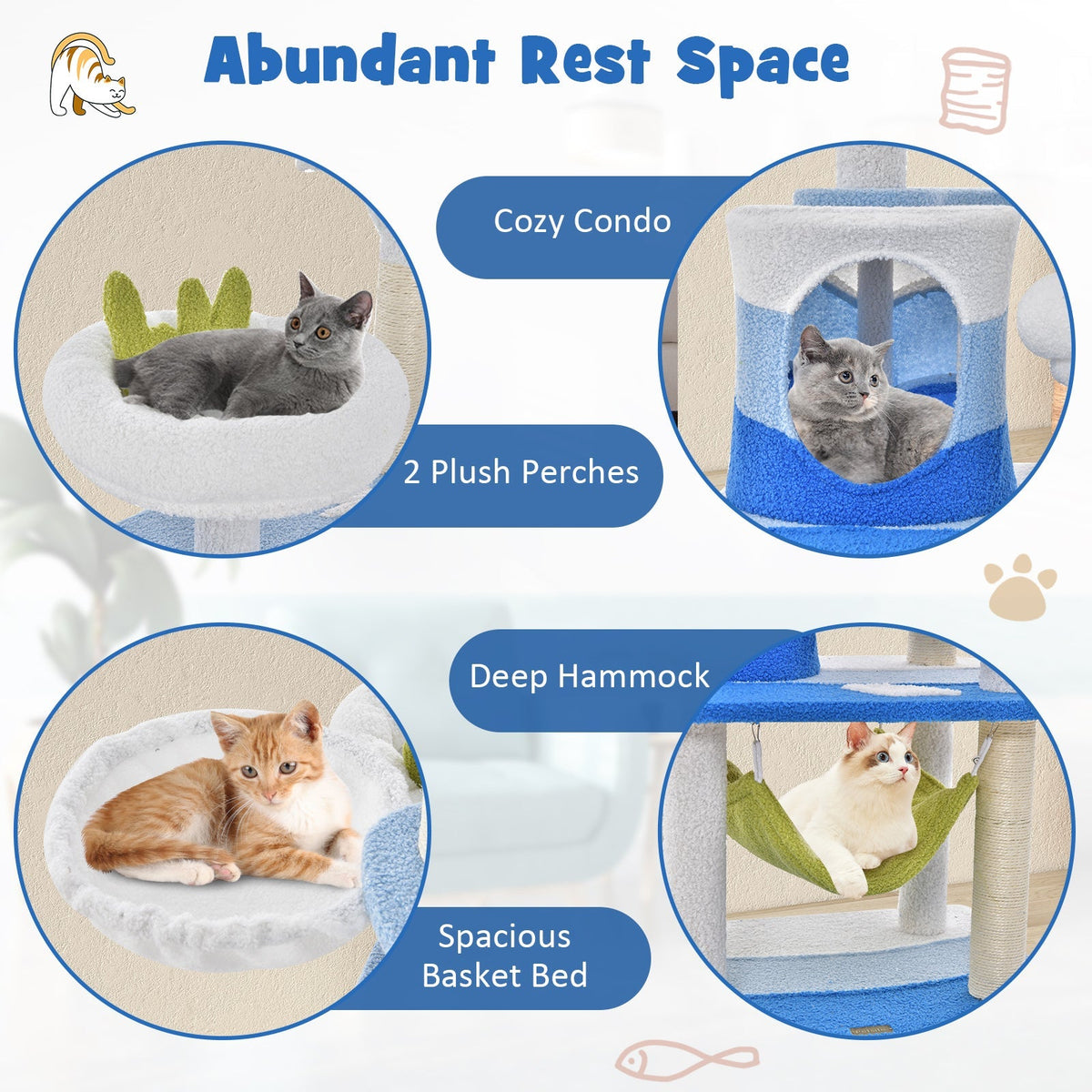 Multi-level Cat Tower with Sisal Covered Scratching Posts-Blue