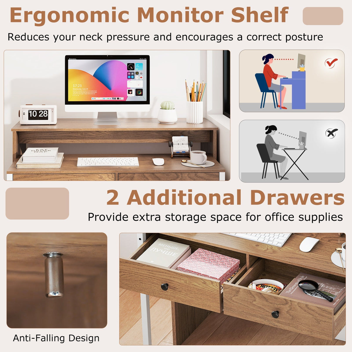 Extendable Computer Desk with Pull Out Secondary Desk-Natural
