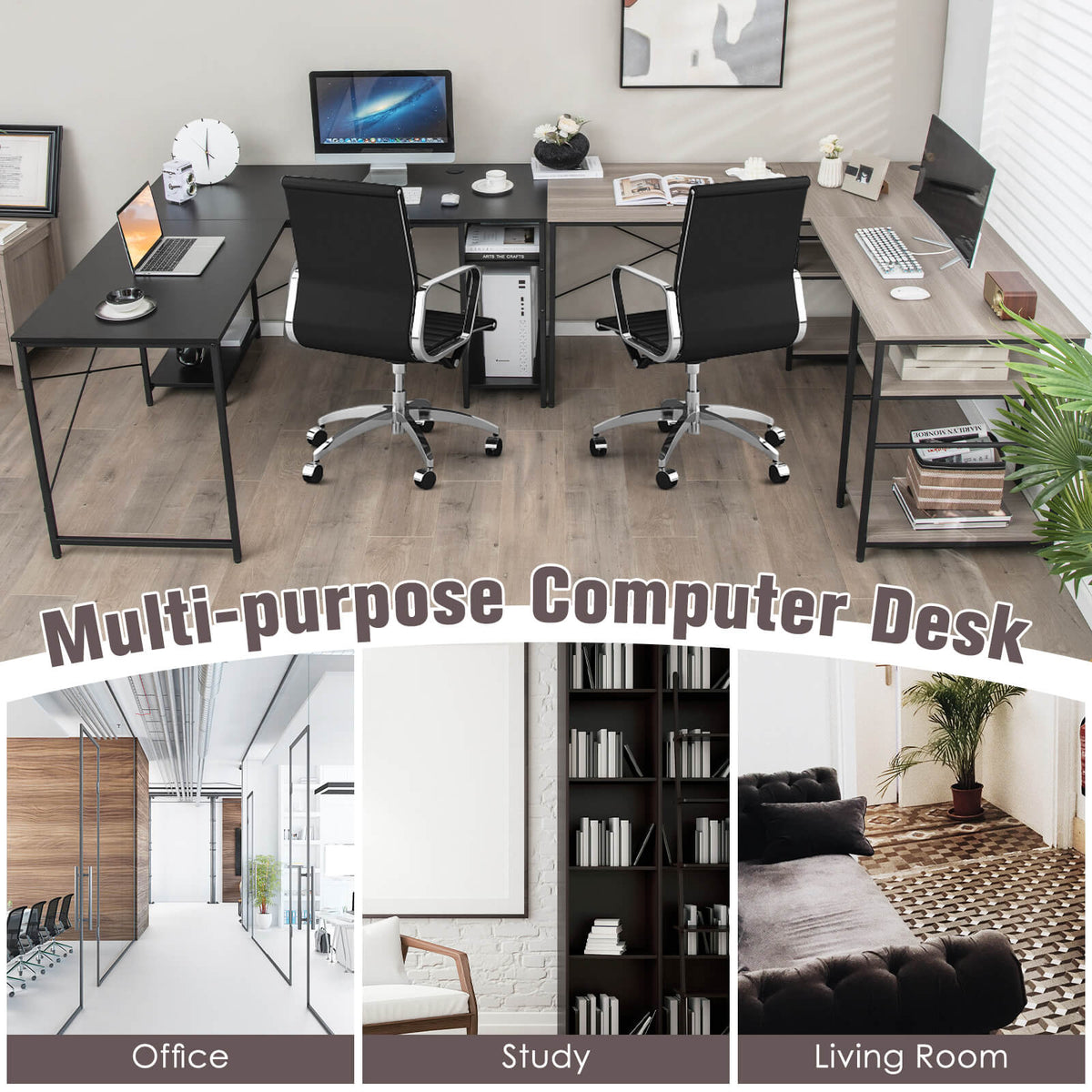 L Shaped Computer Desk with 4 Storage Shelves and Cable Holes